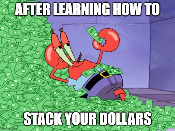 mr krabs money | AFTER LEARNING HOW TO; STACK YOUR DOLLARS | image tagged in mr krabs money | made w/ Imgflip meme maker