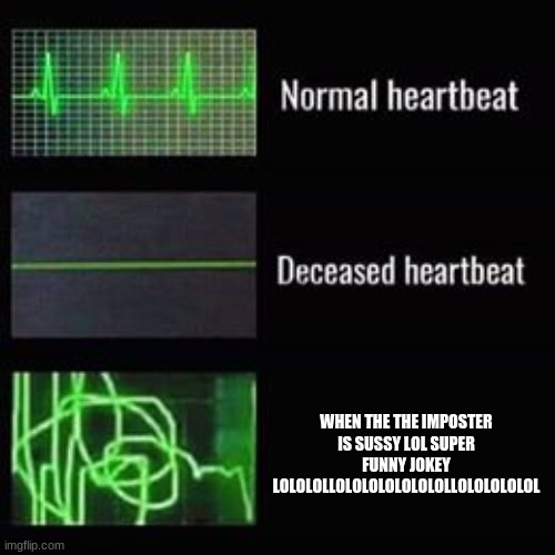 heartbeat rate | WHEN THE THE IMPOSTER IS SUSSY LOL SUPER FUNNY JOKEY LOLOLOLLOLOLOLOLOLOLOLLOLOLOLOLOL | image tagged in heartbeat rate | made w/ Imgflip meme maker