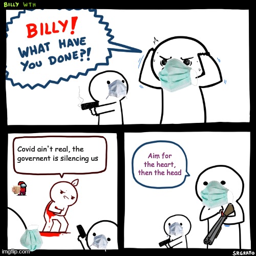 Every person with iq above room temperature |  Covid ain't real, the governent is silencing us; Aim for the heart, then the head | image tagged in billy what have you done | made w/ Imgflip meme maker