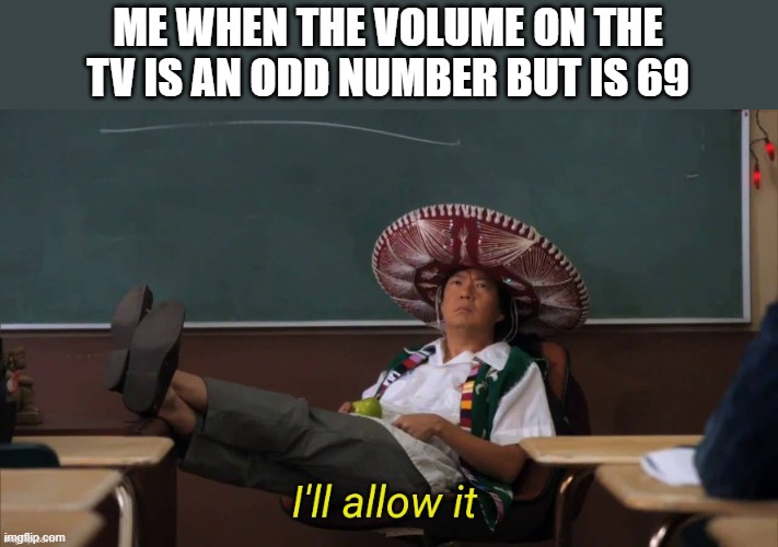 Tv volume | ME WHEN THE VOLUME ON THE TV IS AN ODD NUMBER BUT IS 69 | image tagged in i'll allow it | made w/ Imgflip meme maker