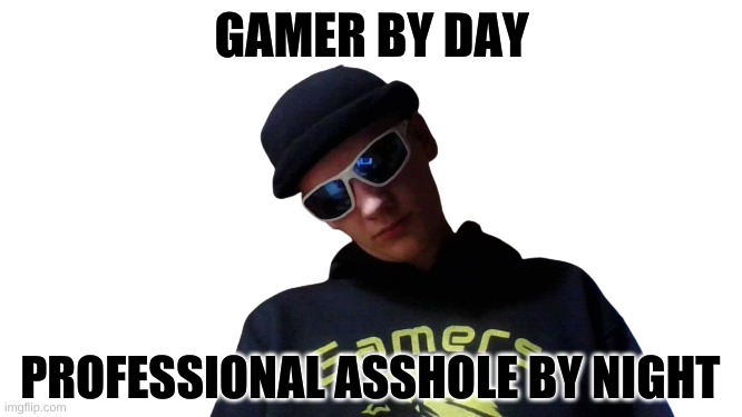 By day By night | GAMER BY DAY; PROFESSIONAL ASSHOLE BY NIGHT | image tagged in funny | made w/ Imgflip meme maker