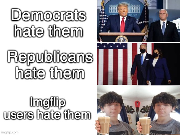 I've been on imgflip for one day and I already hate this dude | Democrats hate them; Republicans hate them; Imgflip users hate them | image tagged in donald trump,joe biden,mike pence,kamala harris,goku,choccy milk | made w/ Imgflip meme maker