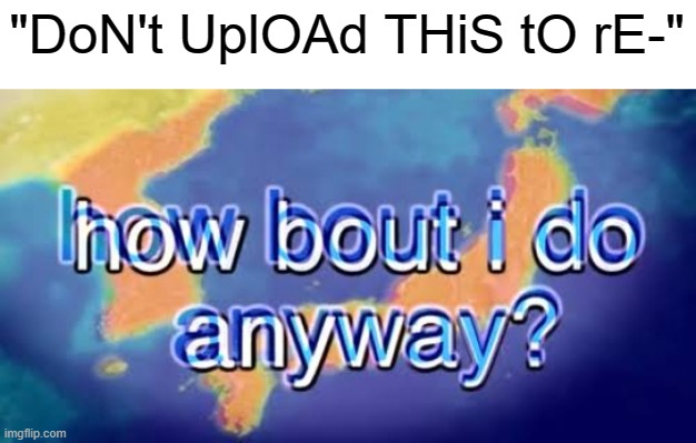 How bout i do anyway | "DoN't UplOAd THiS tO rE-" | image tagged in how bout i do anyway | made w/ Imgflip meme maker