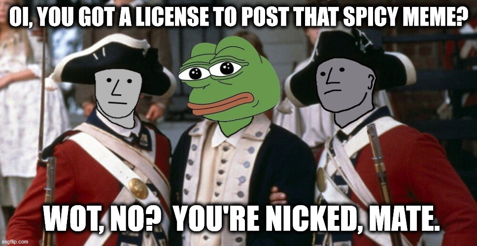 Memecrime = thoughtcrime. Orwell was right. | OI, YOU GOT A LICENSE TO POST THAT SPICY MEME? WOT, NO?  YOU'RE NICKED, MATE. | image tagged in kek,pepe,npc,nwo police state | made w/ Imgflip meme maker