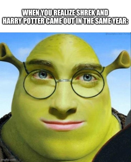 *wheeze | WHEN YOU REALIZE SHREK AND HARRY POTTER CAME OUT IN THE SAME YEAR: | image tagged in memes,funny,harry potter,shrek,wtf | made w/ Imgflip meme maker