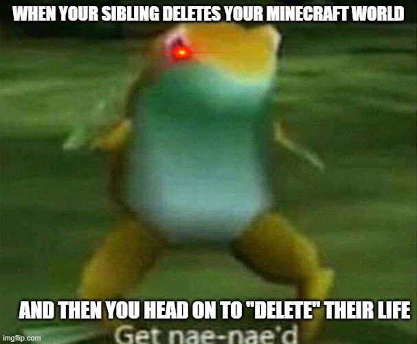 Get nae-nae'd | WHEN YOUR SIBLING DELETES YOUR MINECRAFT WORLD; AND THEN YOU HEAD ON TO "DELETE" THEIR LIFE | image tagged in get nae-nae'd | made w/ Imgflip meme maker