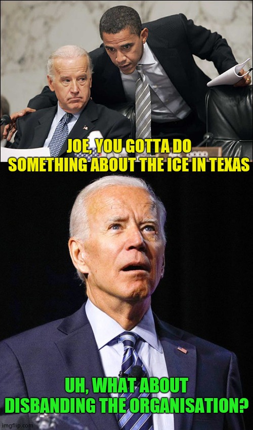 Confuzzled Biden | JOE, YOU GOTTA DO SOMETHING ABOUT THE ICE IN TEXAS; UH, WHAT ABOUT DISBANDING THE ORGANISATION? | image tagged in obama biden,joe biden,ice | made w/ Imgflip meme maker