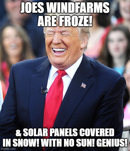 trump laughing | JOES WINDFARMS ARE FROZE! & SOLAR PANELS COVERED IN SNOW! WITH NO SUN! GENIUS! | image tagged in trump laughing | made w/ Imgflip meme maker