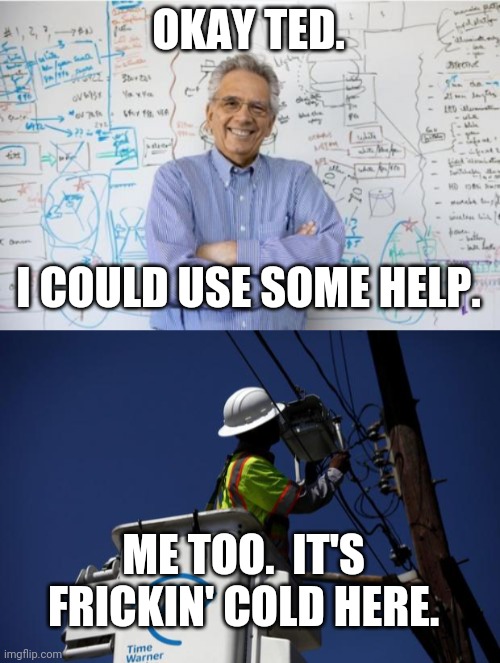 OKAY TED. I COULD USE SOME HELP. ME TOO.  IT'S FRICKIN' COLD HERE. | image tagged in memes,engineering professor,lineman | made w/ Imgflip meme maker