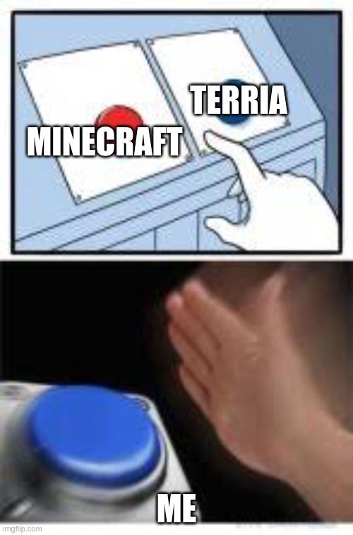 Red and Blue Buttons | MINECRAFT; TERRIA; ME | image tagged in red and blue buttons | made w/ Imgflip meme maker