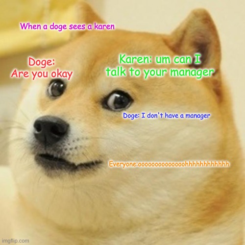 Doge Meme | When a doge sees a karen; Doge: Are you okay; Karen: um can I talk to your manager; Doge: I don't have a manager; Everyone:oooooooooooooohhhhhhhhhhhh | image tagged in memes,doge | made w/ Imgflip meme maker