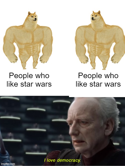 yes | People who like star wars; People who like star wars | image tagged in memes,buff doge vs cheems,i love democracy | made w/ Imgflip meme maker
