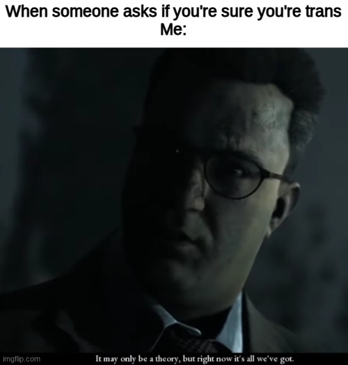 Only A Theory | When someone asks if you're sure you're trans
Me: | image tagged in the dark anthologies,little hope,the dark anthologies little hope,trans,transgender | made w/ Imgflip meme maker