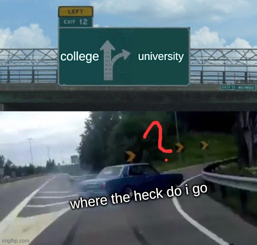 Left Exit 12 Off Ramp Meme | college; university; where the heck do i go | image tagged in memes,left exit 12 off ramp | made w/ Imgflip meme maker