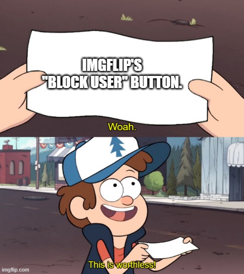 Serisoly, why even have it a feature if you aren't going to stop people from being able to spam the comments in all my submissio | IMGFLIP'S "BLOCK USER" BUTTON. | image tagged in this is worthless | made w/ Imgflip meme maker