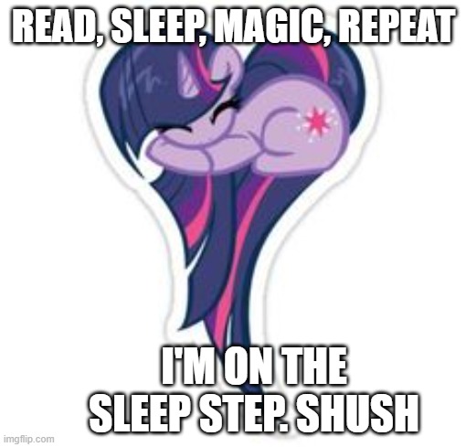 Twilight Asleep | READ, SLEEP, MAGIC, REPEAT; I'M ON THE SLEEP STEP. SHUSH | image tagged in twilight sparkle asleep,heartshaped mlp,mlp,sleep,twilight sparkle | made w/ Imgflip meme maker