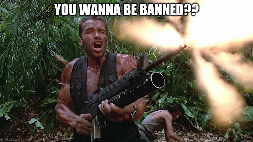Arnold Schwarzenegger M16A2\w203 Grenade Launcher - Preditor Go  | YOU WANNA BE BANNED?? | image tagged in arnold schwarzenegger m16a2 w203 grenade launcher - preditor go | made w/ Imgflip meme maker