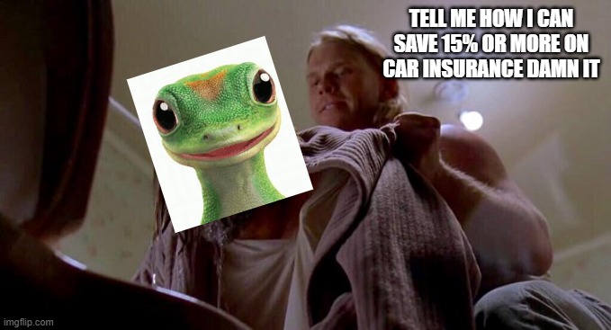 Where's the Money Lebowski | TELL ME HOW I CAN SAVE 15% OR MORE ON CAR INSURANCE DAMN IT | image tagged in where's the money lebowski | made w/ Imgflip meme maker