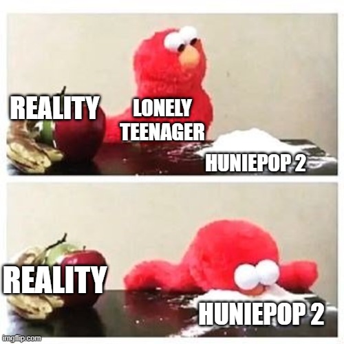 reality | REALITY; LONELY TEENAGER; HUNIEPOP 2; REALITY; HUNIEPOP 2 | image tagged in elmo cocaine | made w/ Imgflip meme maker