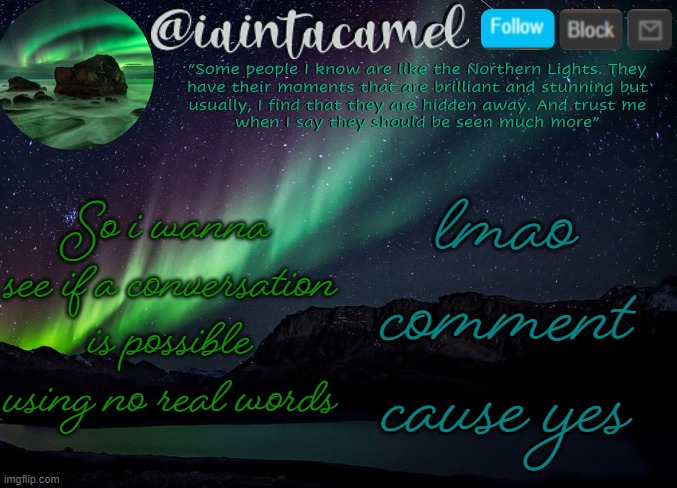 stuff like hoi or acronyms or whatever lmao | So i wanna see if a conversation is possible using no real words; lmao comment cause yes | image tagged in iaintacamel | made w/ Imgflip meme maker