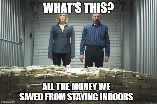 Breaking bad money | WHAT'S THIS? ALL THE MONEY WE SAVED FROM STAYING INDOORS | image tagged in breaking bad money | made w/ Imgflip meme maker