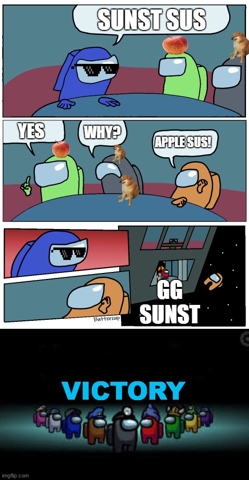 SUNST SUS YES WHY? APPLE SUS! GG SUNST VICTORY | image tagged in among us meeting,there is 1 imposter among us | made w/ Imgflip meme maker