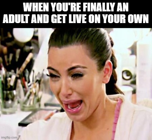 Kim Kardashian | WHEN YOU'RE FINALLY AN ADULT AND GET LIVE ON YOUR OWN | image tagged in kim kardashian | made w/ Imgflip meme maker