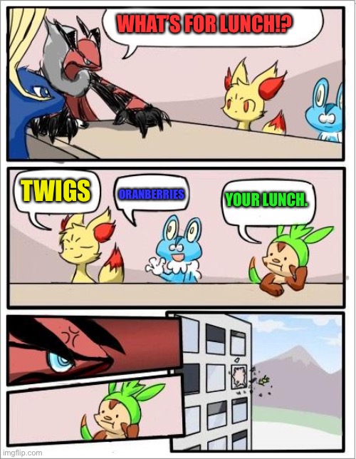 Pokemon board meeting | WHAT’S FOR LUNCH!? ORANBERRIES; TWIGS; YOUR LUNCH. | image tagged in pokemon board meeting | made w/ Imgflip meme maker