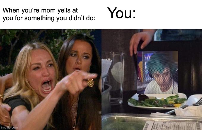 Parents are rude sometimes | You:; When you’re mom yells at you for something you didn’t do: | image tagged in memes,woman yelling at cat | made w/ Imgflip meme maker