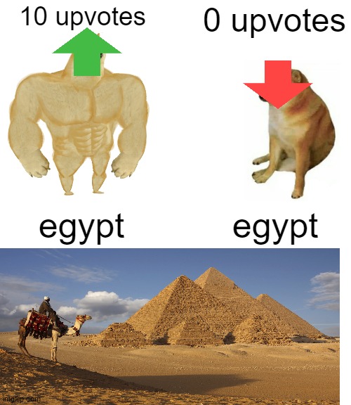 Buff Doge vs. Cheems Meme | 10 upvotes 0 upvotes egypt egypt | image tagged in memes,buff doge vs cheems | made w/ Imgflip meme maker