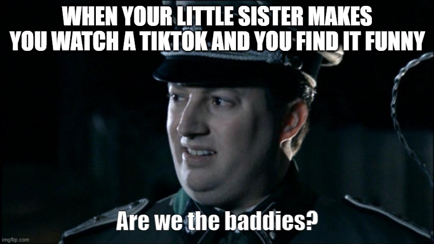 I have no sister but I sure can relate | WHEN YOUR LITTLE SISTER MAKES YOU WATCH A TIKTOK AND YOU FIND IT FUNNY; Are we the baddies? | image tagged in are we the baddies | made w/ Imgflip meme maker
