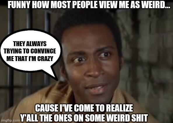 FUNNY HOW MOST PEOPLE VIEW ME AS WEIRD... THEY ALWAYS TRYING TO CONVINCE ME THAT I'M CRAZY; CAUSE I'VE COME TO REALIZE Y'ALL THE ONES ON SOME WEIRD SHIT | image tagged in memes,funny,analysis,confirmed,weirdo,wtf | made w/ Imgflip meme maker