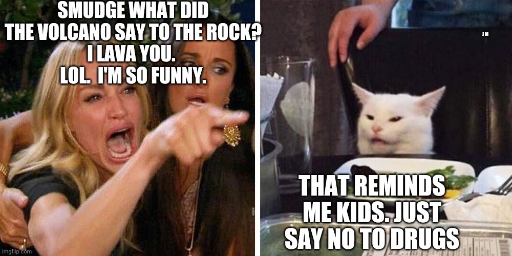 Smudge the cat | SMUDGE WHAT DID THE VOLCANO SAY TO THE ROCK?
I LAVA YOU. 
LOL.  I'M SO FUNNY. J M; THAT REMINDS ME KIDS. JUST SAY NO TO DRUGS | image tagged in smudge the cat | made w/ Imgflip meme maker
