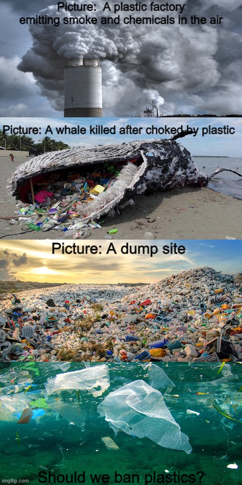 We generate 2 Billion tonnes of garbage annually, 30% of them are unrecyclable such as plastic wrappers, should we ban plastic? | Picture:  A plastic factory emitting smoke and chemicals in the air; Picture: A whale killed after choked by plastic; Picture: A dump site; Should we ban plastics? | image tagged in memes,drake hotline bling | made w/ Imgflip meme maker