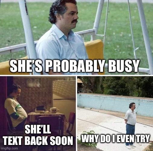My life as a simp | SHE’S PROBABLY BUSY; SHE’LL TEXT BACK SOON; WHY DO I EVEN TRY | image tagged in memes | made w/ Imgflip meme maker