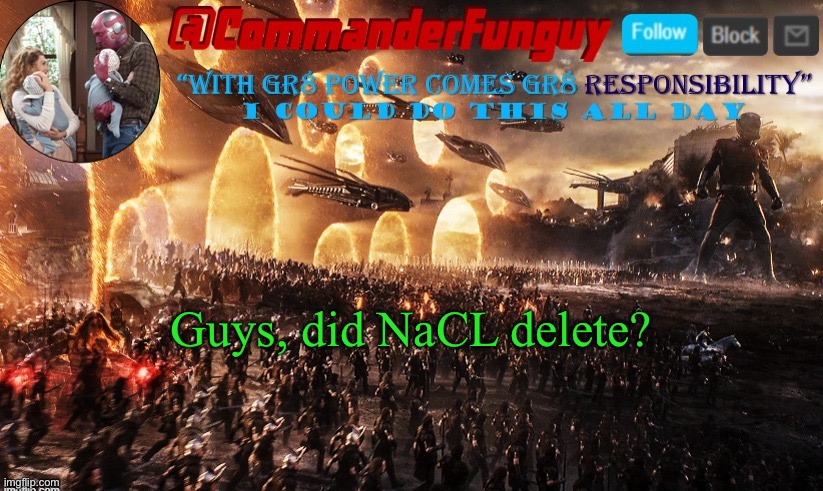 Oh no | Guys, did NaCL delete? | image tagged in commanderfunguy announcement template | made w/ Imgflip meme maker