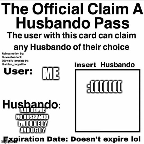 I'm U G L Y | ME; :(((((((; NAH HOMIE
NO HUSBANDO 
I'M L O N E L Y
AND U G L Y | image tagged in claim your husbando | made w/ Imgflip meme maker