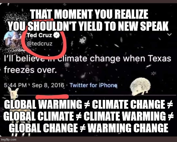 That moment you realize that you should submit to new speak | THAT MOMENT YOU REALIZE YOU SHOULDN'T YIELD TO NEW SPEAK; GLOBAL WARMING ≠ CLIMATE CHANGE ≠

GLOBAL CLIMATE ≠ CLIMATE WARMING ≠

GLOBAL CHANGE ≠ WARMING CHANGE | image tagged in ted cruz,climate change,texas,glogal warming | made w/ Imgflip meme maker