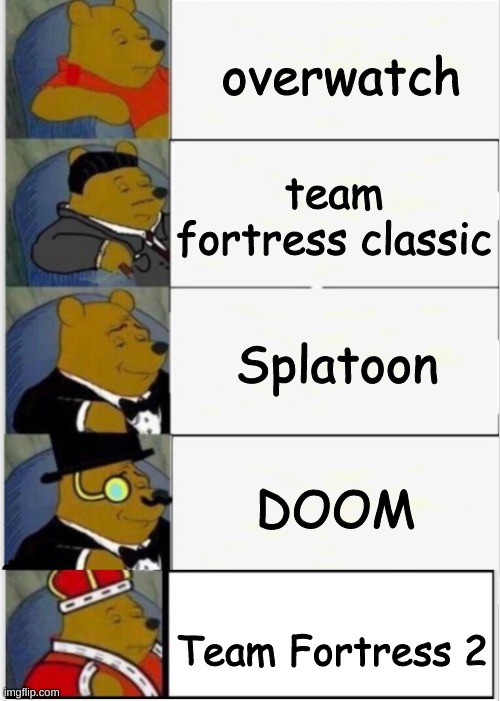shooting games of 1990's onwards years | overwatch; team fortress classic; Splatoon; DOOM; Team Fortress 2 | image tagged in whinnie the pooh fancy 5 | made w/ Imgflip meme maker