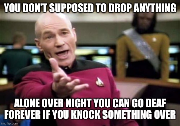 Picard Wtf Meme | YOU DON’T SUPPOSED TO DROP ANYTHING ALONE OVER NIGHT YOU CAN GO DEAF FOREVER IF YOU KNOCK SOMETHING OVER | image tagged in memes,picard wtf | made w/ Imgflip meme maker