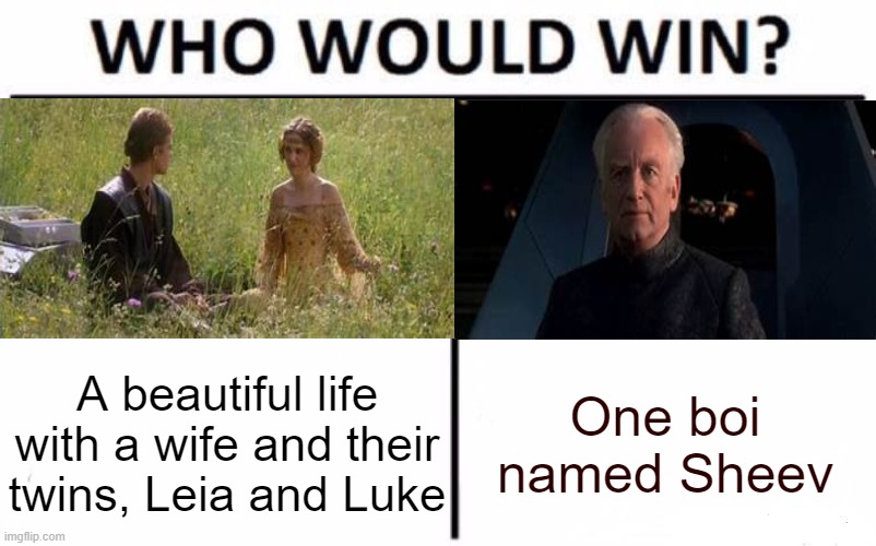 Who Would Win? Meme | A beautiful life with a wife and their twins, Leia and Luke; One boi named Sheev | image tagged in memes,who would win,star wars | made w/ Imgflip meme maker