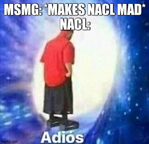 Ah flip, we need to bury his body | MSMG: *MAKES NACL MAD*
NACL: | image tagged in adios,nacl | made w/ Imgflip meme maker