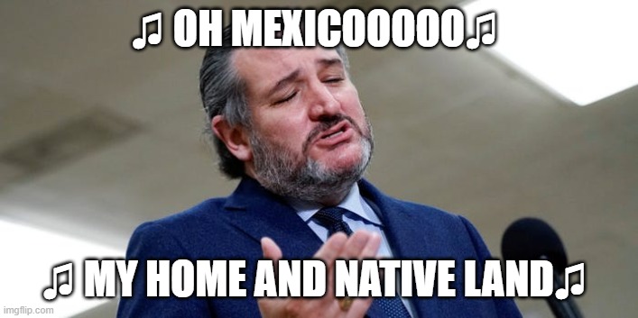 ♫ OH MEXICOOOOO♫; ♫ MY HOME AND NATIVE LAND♫ | image tagged in ted cruz | made w/ Imgflip meme maker