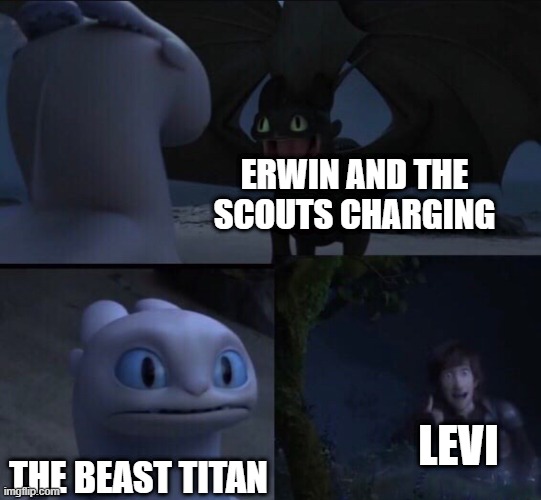 How to train your dragon 3 | ERWIN AND THE SCOUTS CHARGING; LEVI; THE BEAST TITAN | image tagged in how to train your dragon 3 | made w/ Imgflip meme maker