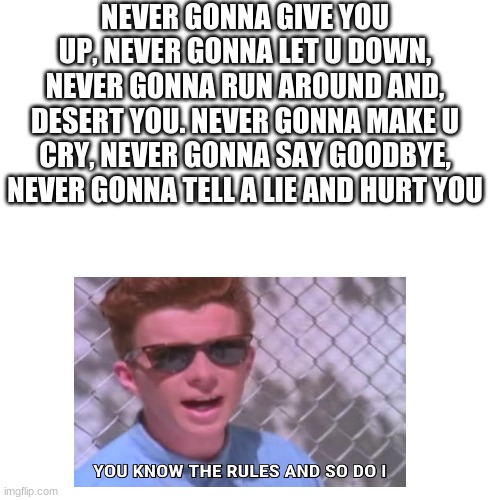 Blank Transparent Square Meme | NEVER GONNA GIVE YOU UP, NEVER GONNA LET U DOWN, NEVER GONNA RUN AROUND AND, DESERT YOU. NEVER GONNA MAKE U CRY, NEVER GONNA SAY GOODBYE, NEVER GONNA TELL A LIE AND HURT YOU | image tagged in memes,blank transparent square | made w/ Imgflip meme maker