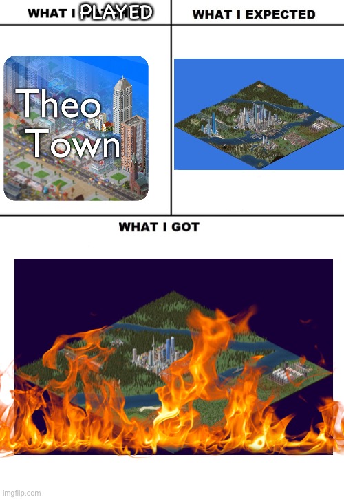 WHAT I PLAYED/ WHAT I EXPECTED/ WHAT I GOT THEOTOWN EDITION | PLAYED | image tagged in what i watched/ what i expected/ what i got,theotown,fire,disaster | made w/ Imgflip meme maker