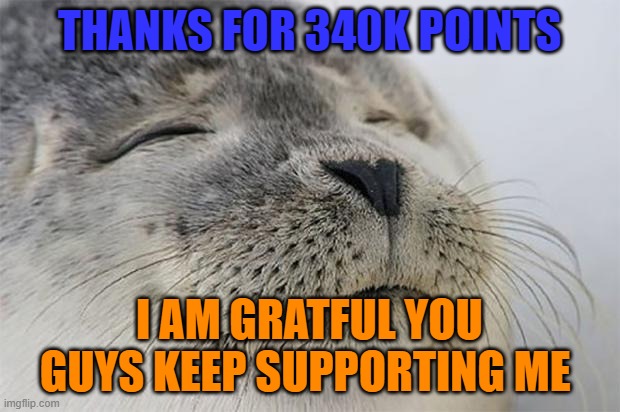Satisfied Seal Meme | THANKS FOR 340K POINTS; I AM GRATFUL YOU GUYS KEEP SUPPORTING ME | image tagged in memes,satisfied seal | made w/ Imgflip meme maker