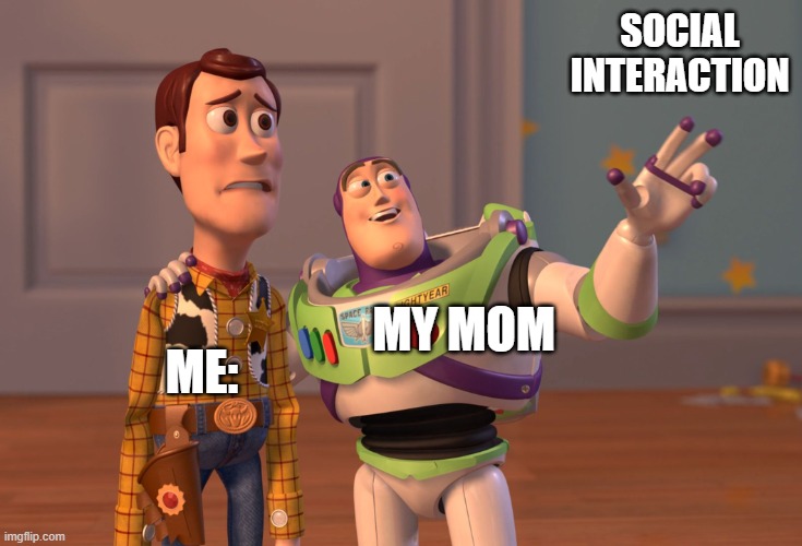 X, X Everywhere | SOCIAL INTERACTION; ME:; MY MOM | image tagged in memes,x x everywhere | made w/ Imgflip meme maker