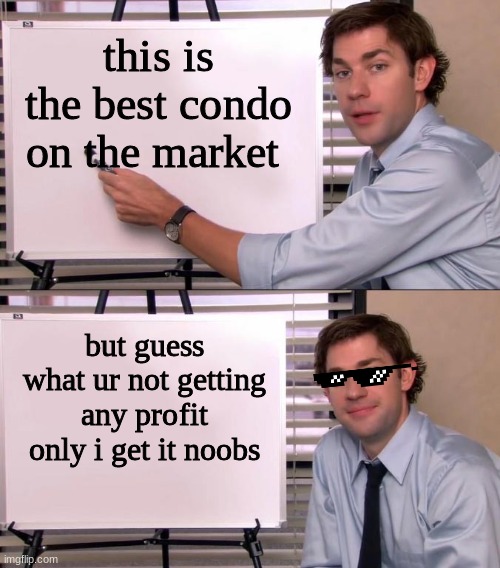 nob | this is the best condo on the market; but guess what ur not getting any profit only i get it noobs | image tagged in jim halpert explains | made w/ Imgflip meme maker