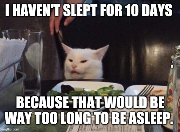 Salad cat | I HAVEN'T SLEPT FOR 10 DAYS; J M; BECAUSE THAT WOULD BE WAY TOO LONG TO BE ASLEEP. | image tagged in salad cat | made w/ Imgflip meme maker